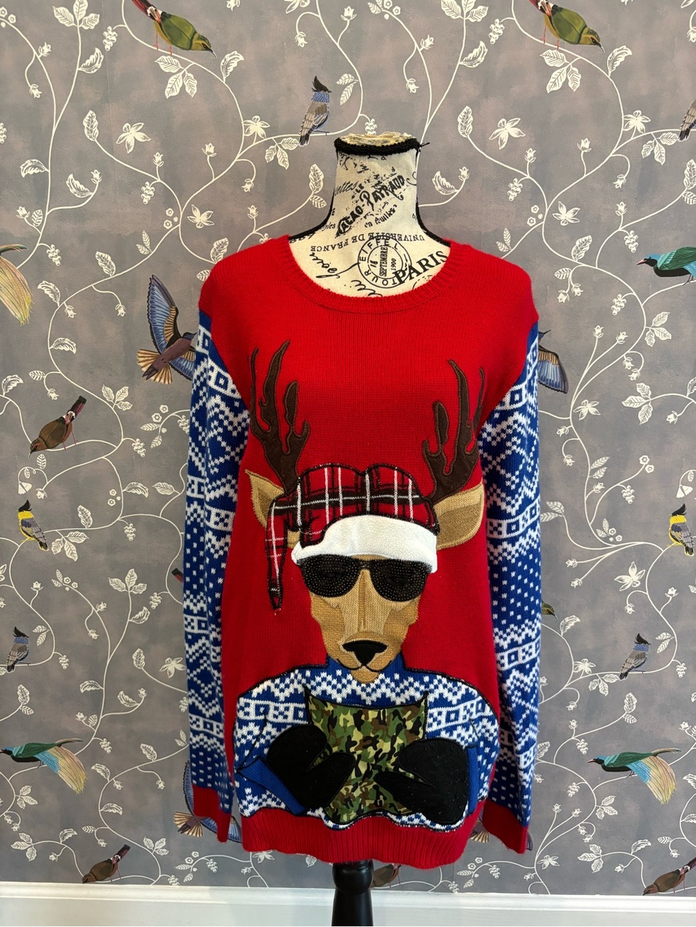Jolly Sweaters Red Reindeer sunglasses holiday ugly Christmas sweater M